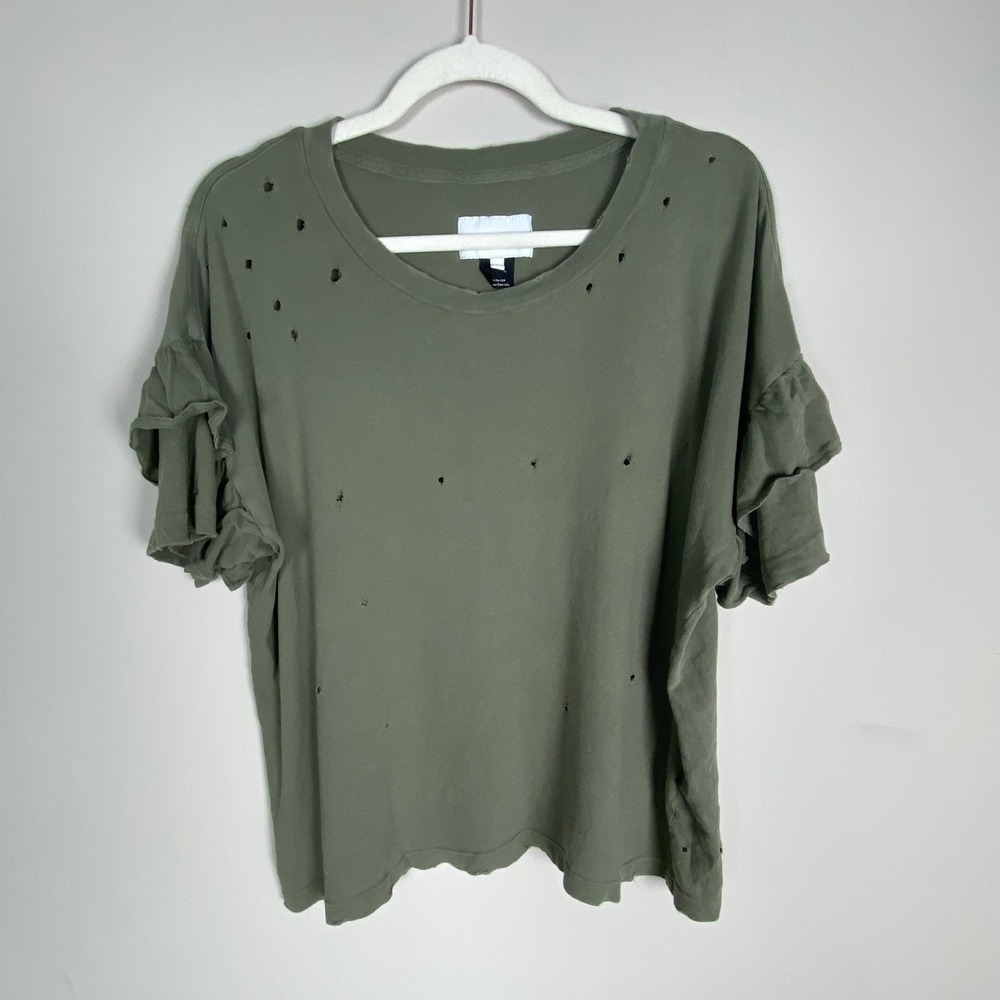 Current Elliott The Ruffle Roadie Tee Top Medium Dusty Olive Green Distressed